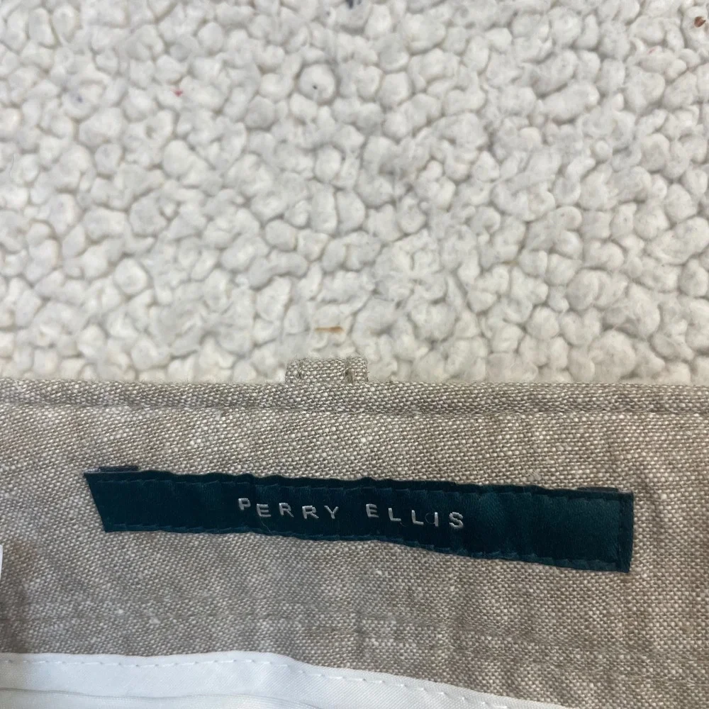 Perry Ellis Pants Mens 38x32 Tan Linen Cotton Drawstring Straight Leg Casual